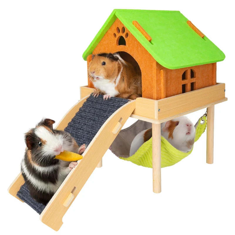 BESNEW 3-en-1 Hamac pour Cobayes – Plateforme, Maison et Escaliers en Bois