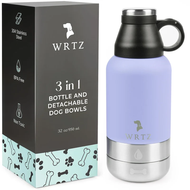WRTZ Bouteille d’eau pour chien 32oz Lavande – 2 bols amovibles, étanche et isotherme