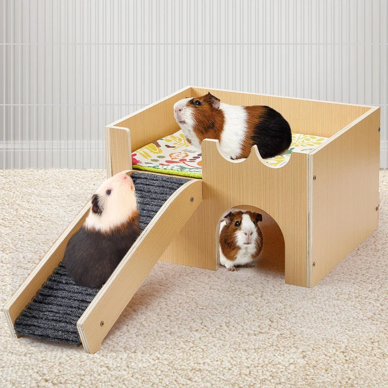 MEWTOGO Château pour Cochon d’Inde — Nid en Bois Naturel avec Escalier et Toit Doux