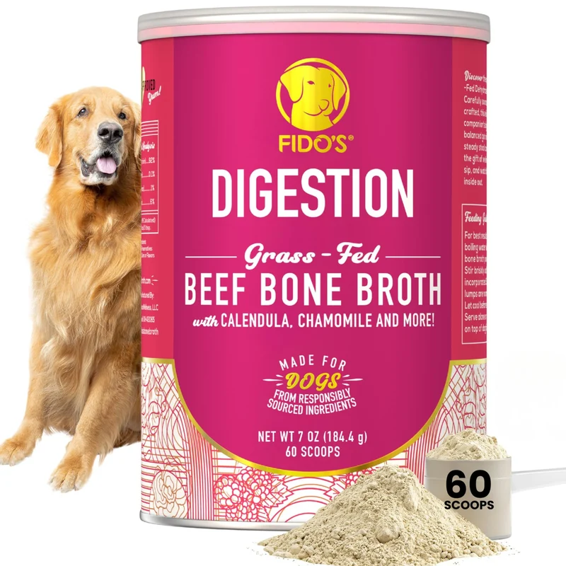 Fido's Bouillon d'Os Digestion pour Chiens – Bouillon de Boeuf Nourri à l'Herbe en Poudre + Herbes Biologiques – 60 Dosettes