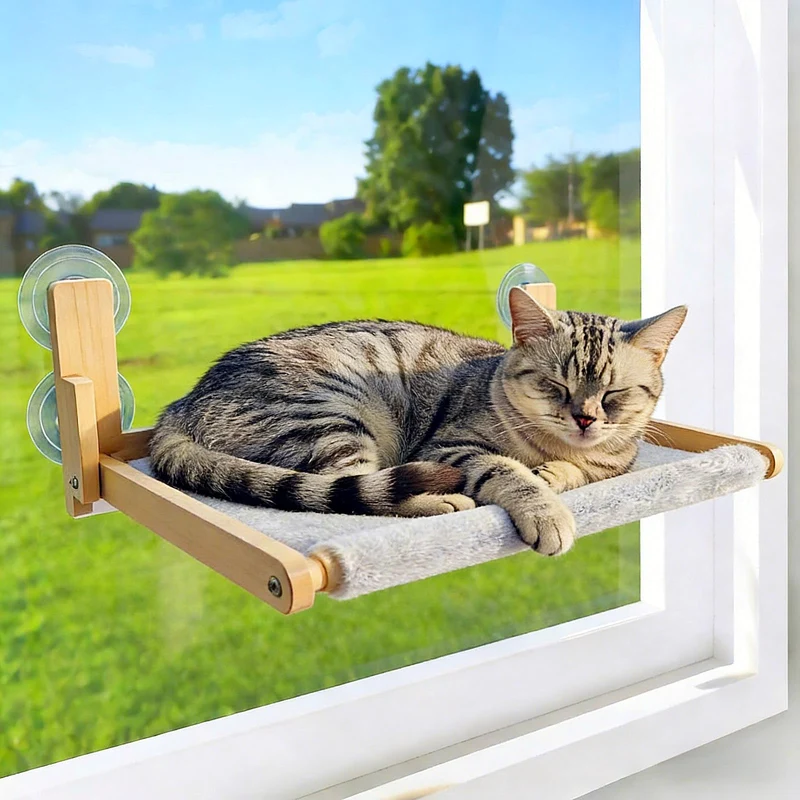 GesomePurrz Perchoir de Fenêtre pour Chat – Bois Naturel, Hamac Pliant 16,5×12 po, Poids max 15,9 kg, Petites Fenêtres