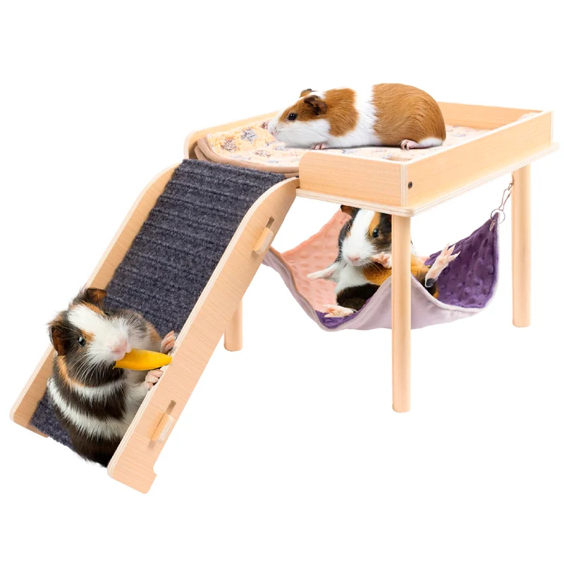 BESNEW Hamac Élargi pour Cobayes avec Plateforme et Escalier – Repaire en Bois pour Petits Animaux