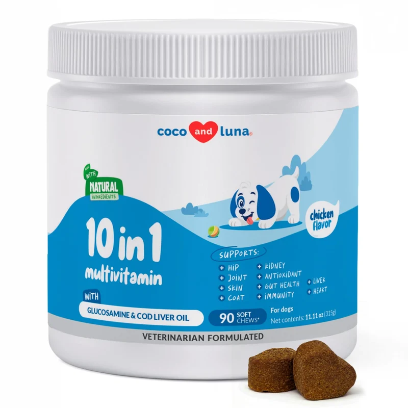 Multivitamine pour Chiens — Glucosamine Chondroïtine, Enzymes Digestives & Probiotiques, Huile de Foie de Morue, CoQ10 — Santé des Articulations, Peau et Immunité | Coco et Luna