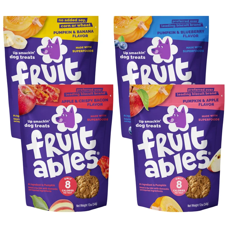 Fruitables Friandises Cuites pour Chien – Pack Variété 4 Saveurs Potiron – Faible Calorie, Sans Blé, Maïs et Soja – Paquets 12 oz