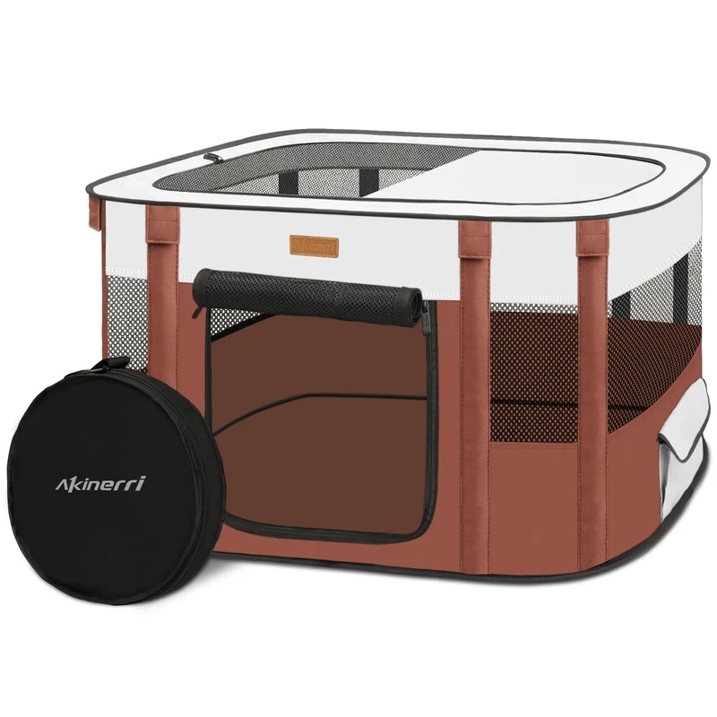 Parc pliable Akinerri pour chiens et chats – Enclos de jeu portable (Marron, Taille Moyenne)