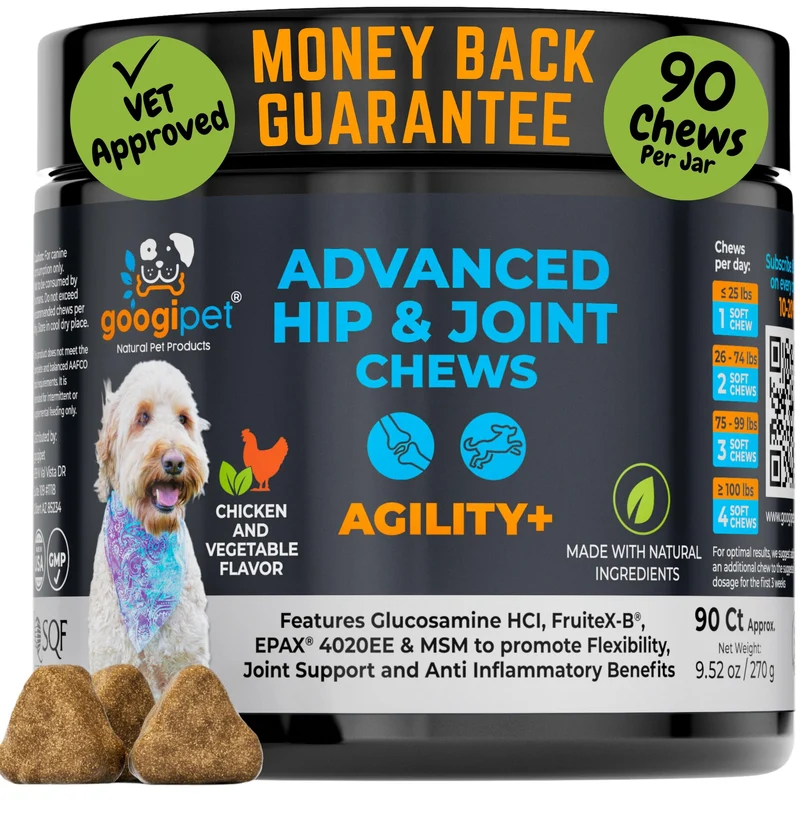 GOOGIPET Premium – Supplément articulations pour chiens | Glucosamine, Moules Vertes, Curcuma