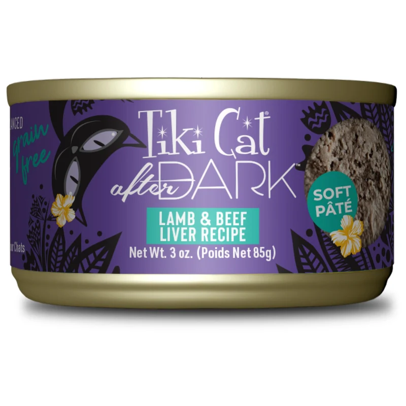 Tiki Cat After Dark Pâté — Agneau et Foie de Bœuf, Haute Protéine, 100% Sans OGM, Sans Céréales, Boîtes 3 oz (12) | TIKI PETS