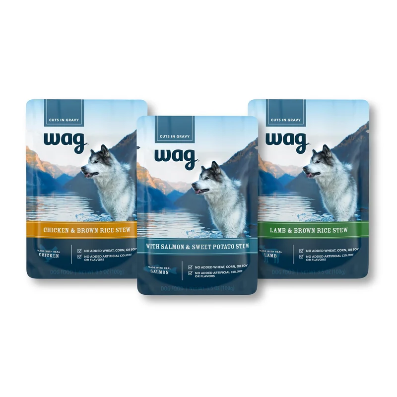WAG Topper Humide pour Chien – Ragoût Poulet, Agneau et Saumon en Sauce, Sachets 3,5 oz (Lot de 24)