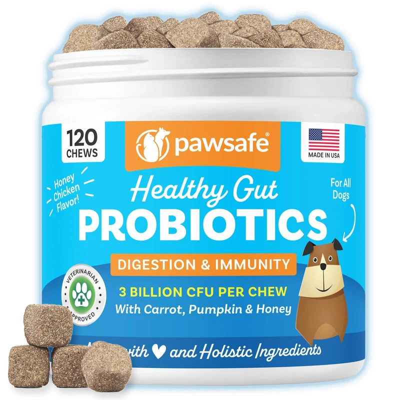 Probiotiques PawSafe pour Chiens – Bouchées molles Saveur Poulet Miel, 120 bouchées, Fabriqué aux États‑Unis – Digestion et Santé intestinale