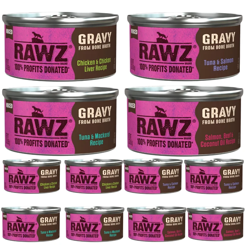 Rawz Nourriture humide pour chat hachée en conserve avec bouillon d'os — Pack 12 x 3oz, 4 saveurs