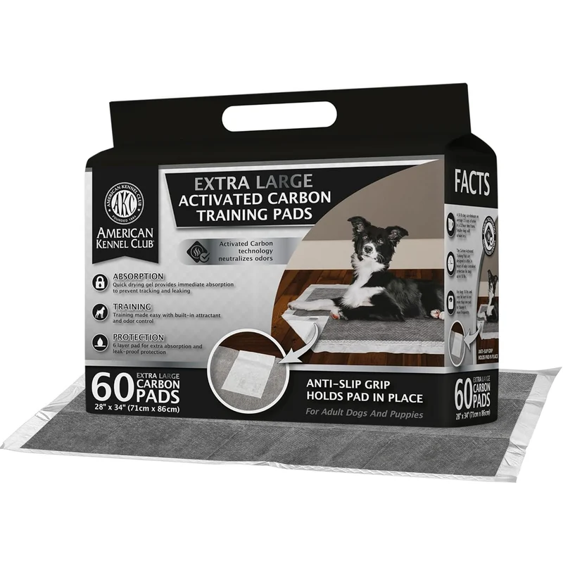 AKC Tapis d'Entraînement Charbon pour Chiots – Anti-Glisse, Absorption Rapide, Contrôle des Odeurs, 60 pièces (XXL 28 x 34)