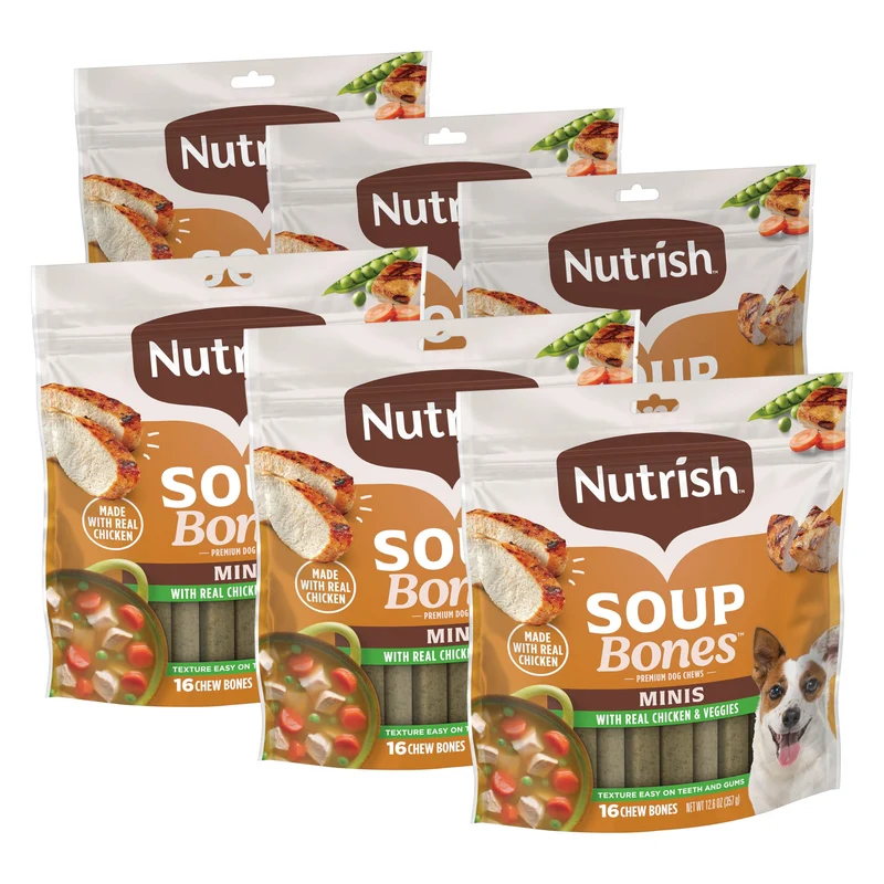 Nutrish Soup Bones Minis Premium – Friandises pour chien au poulet et légumes, sans rawhide, pack de 6