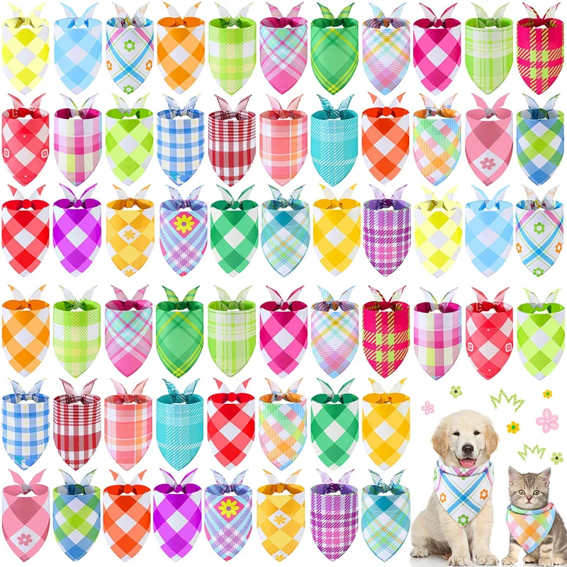 Sweetude Bandanas Chien et Chat – 60 Pièces Printemps Plaid, Accessoires Ajustables et Lavables