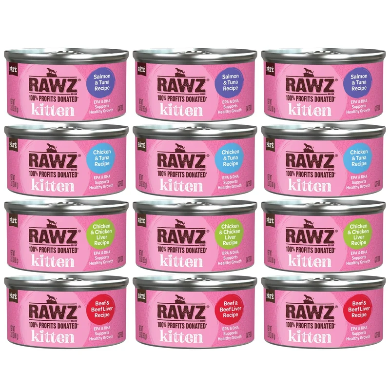 Rawz Pâté Chaton Premium — Lot de 12 boîtes 2,8 oz, 4 Saveurs (Saumon, Poulet, Thon, Boeuf)