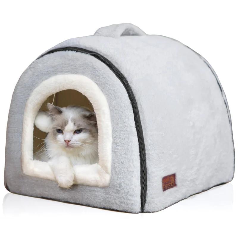 OMIVIER Lit-Cabane pour Chat d’Intérieur – Cabane Pliable 2 en 1, Base Anti-Dérapante et Imperméable, Gris