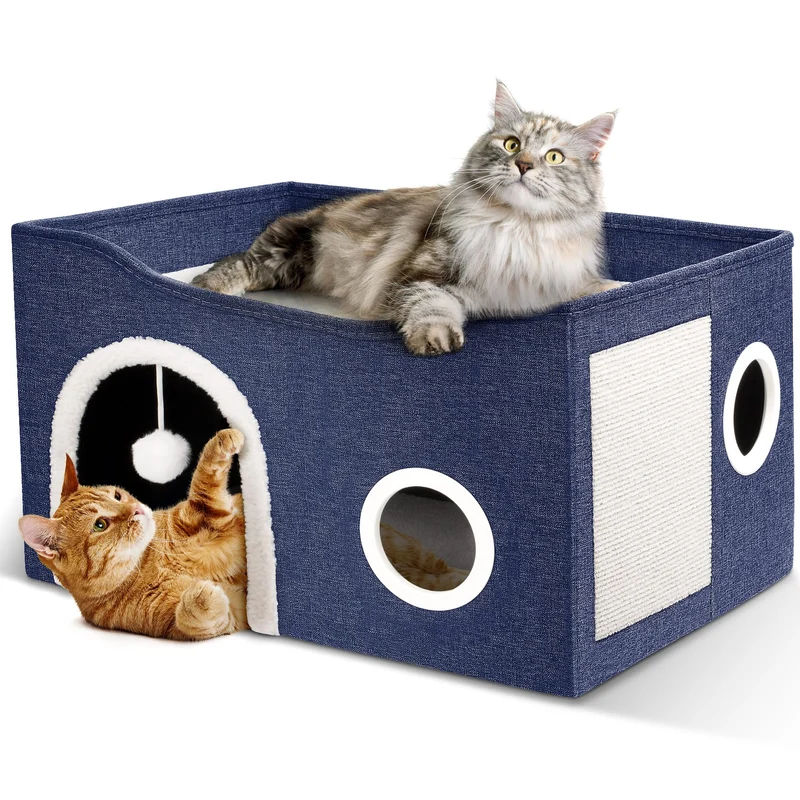 Heeyoo Cabane pour Chat d'Intérieur – Grand Nid-Cave 23,8 x 15,9 x 13,2 po, Ballon Peluche et Grattoir, Pliable