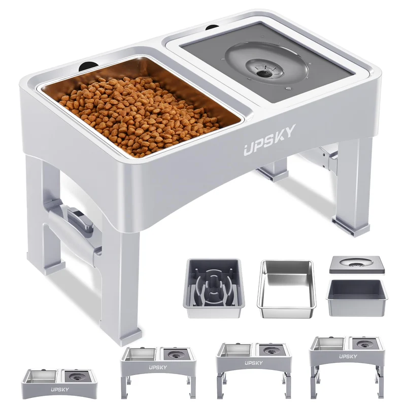 UPSKY Gamelles Chien Élevées 3-en-1 : Lent, Support Réglable et Sans Débordement – Acier Inox