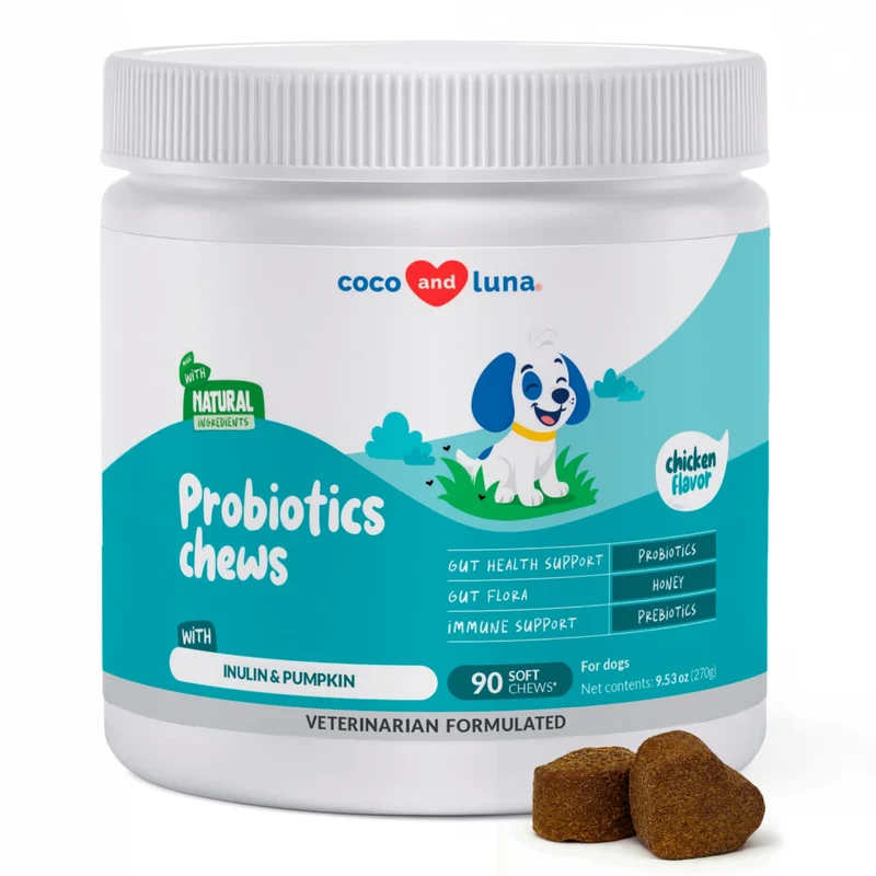 Probiotiques pour chiens – Coco et Luna – Digestion et Immunité – 90 bouchées molles – Formulé par des vétérinaires