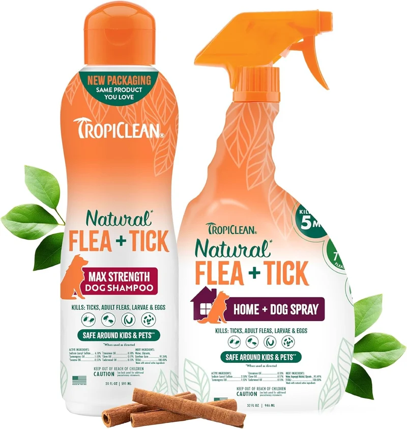 TropiClean Shampoing Force Maximale pour Chiens + Spray Literie Anti-Puces & Tiques – Protège et Repousse, Fabriqué aux États‑Unis