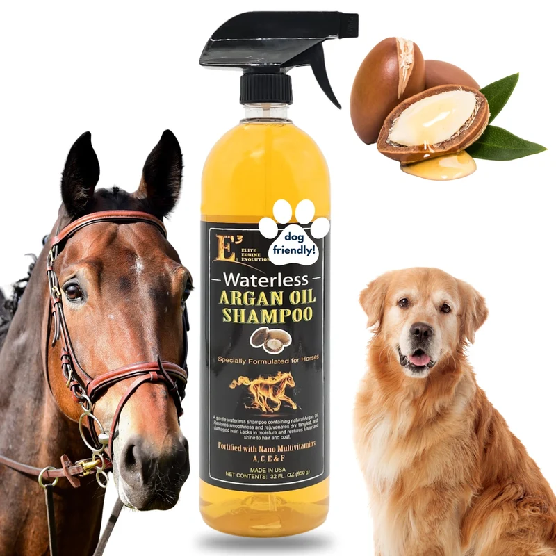Shampoing sans eau à l’huile d’argan pour chevaux – soin pratique pour crinière et queue, application facile, parfum exceptionnel – 946 ml