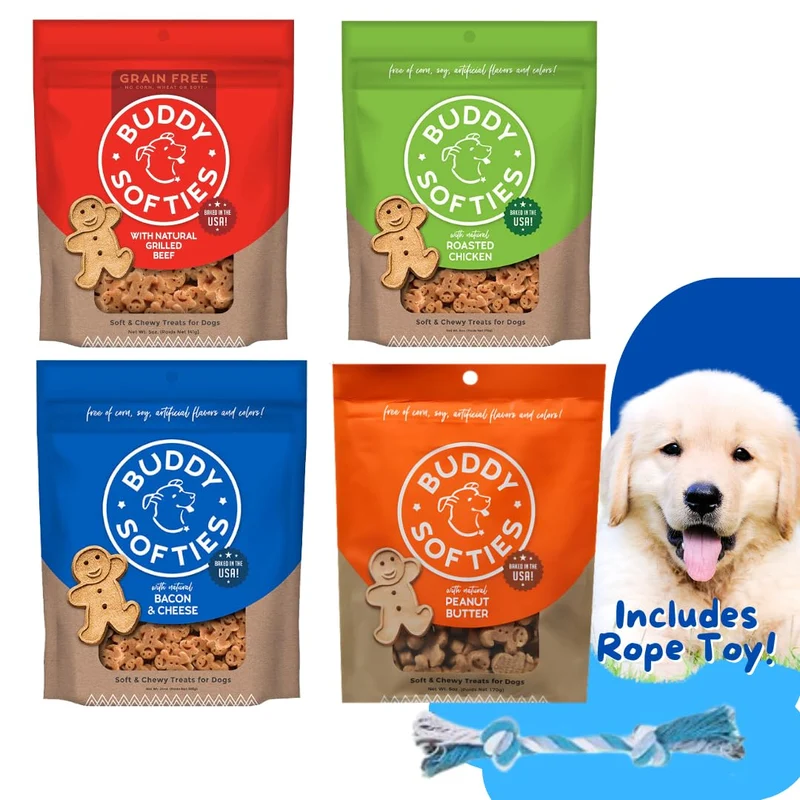 Atlantic Rush Buddy Biscuits – Pack Variété pour Chiens (Friandises Moelleuses et Boeuf Grillé Sans Céréales) + Corde Jouet