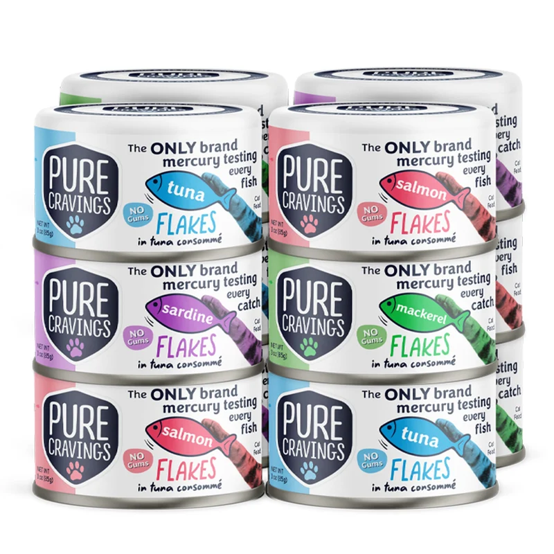 Pure Cravings Flocons en Thon Consommé – Lot Variété 12 x 3oz, Sans céréales, Mercure testé 0,07 ppm
