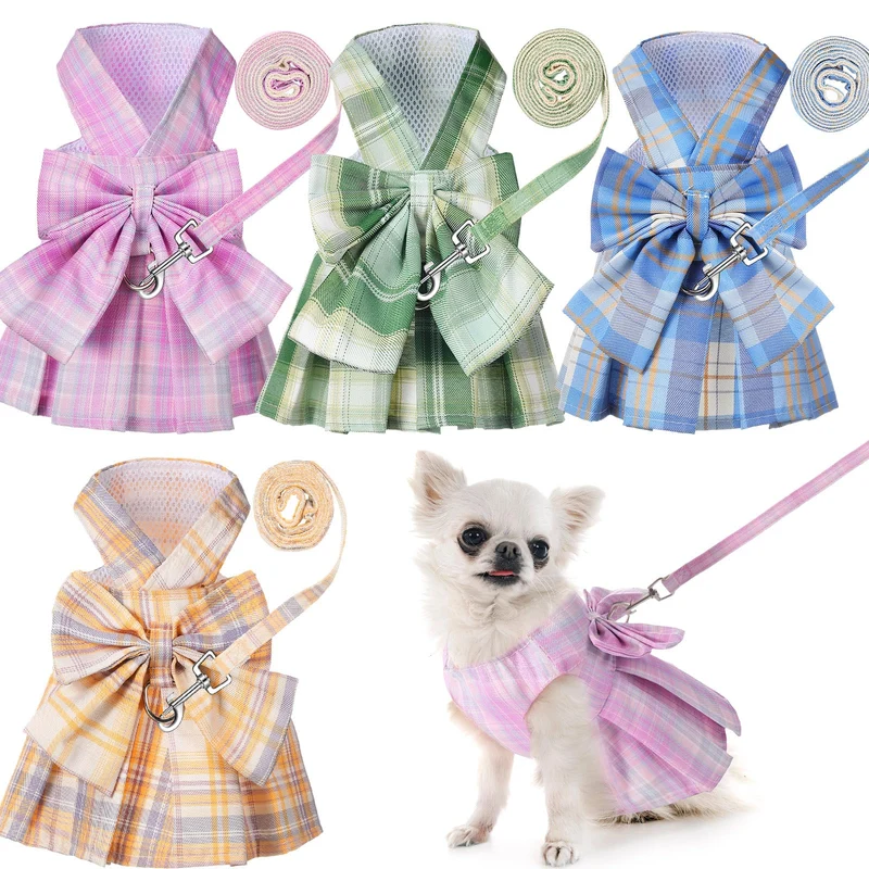 Potchen – Ensemble Harnais et Laisse Plaid 4 Pièces pour Petits Chiens (XS–XL) – Robe à Noeud Papillon