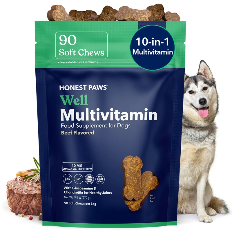 Honest Paws – Multivitamines pour Chien (90 bouchées) Saveur Boeuf | Soutien articulations, pelage, immunité, yeux et cœur
