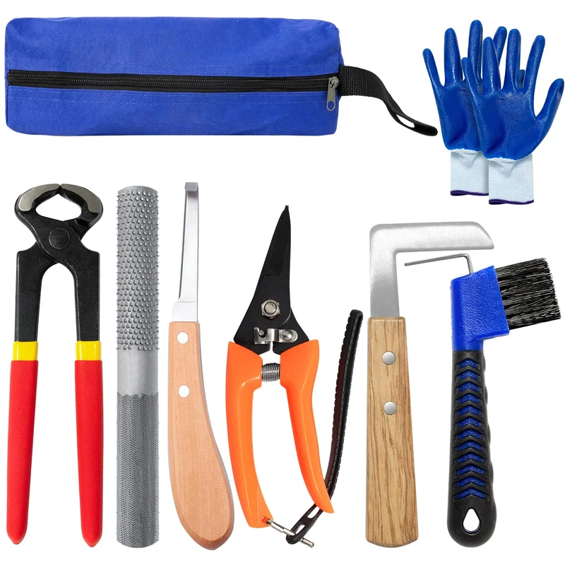 Huimpet Kit d’Outils Maréchal 8 Pièces – Pince à Sabot, Râpe, Couteau, Ciseaux, Brosse, Gants et Sac