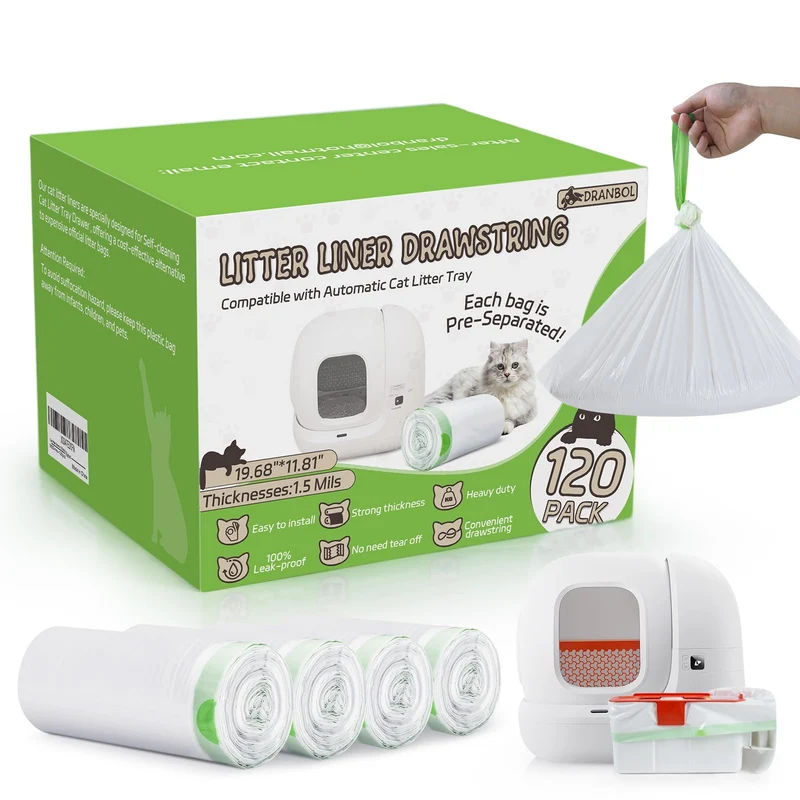 Dranbol — 120 sacs pour bac à litière Pet Kit Pura MAX/X, sacs épais à corde, anti-fuite, 21,7 x 11,8 pouces