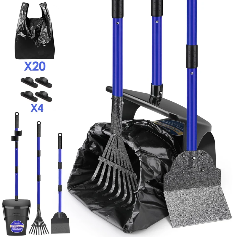 Lukovee Ramasse-Crotte Chien – Manche Métal Réglable 37,4'' avec Bac Pivotant 3L, Râteau et Pelle, 20 Sacs – Bleu