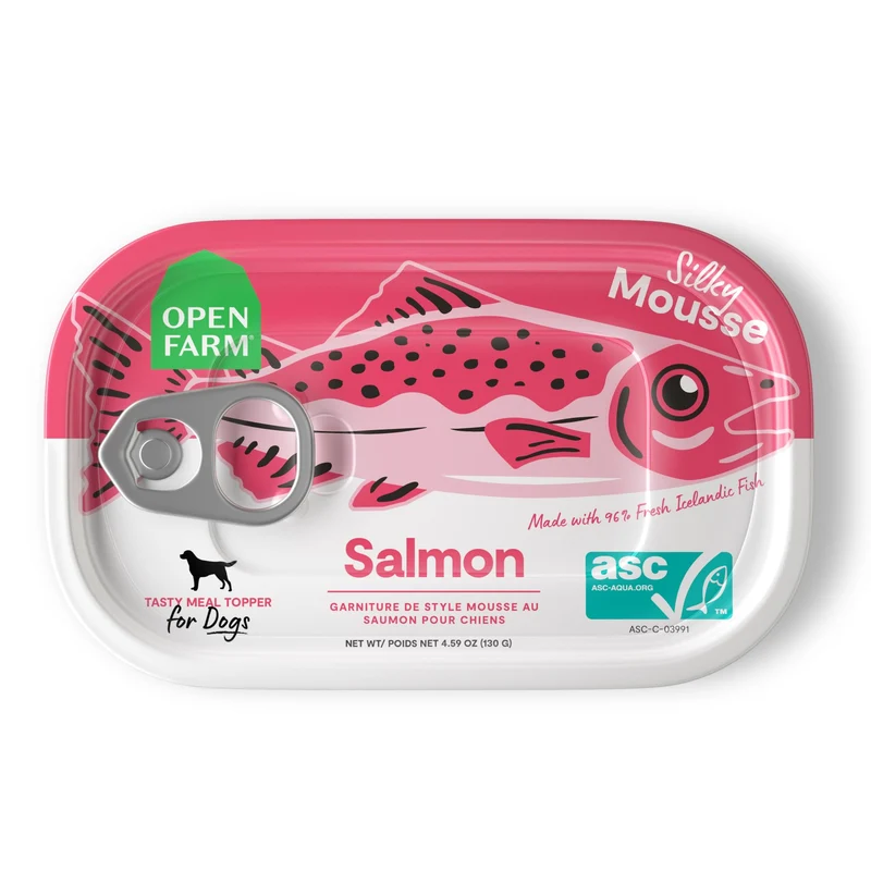 Open Farm – Toppers en conserve pour chien, Mousse soyeuse au saumon 96% poisson islandais responsable, sans céréales ni légumineuses, 4,59 oz par boîte (lot de 12)