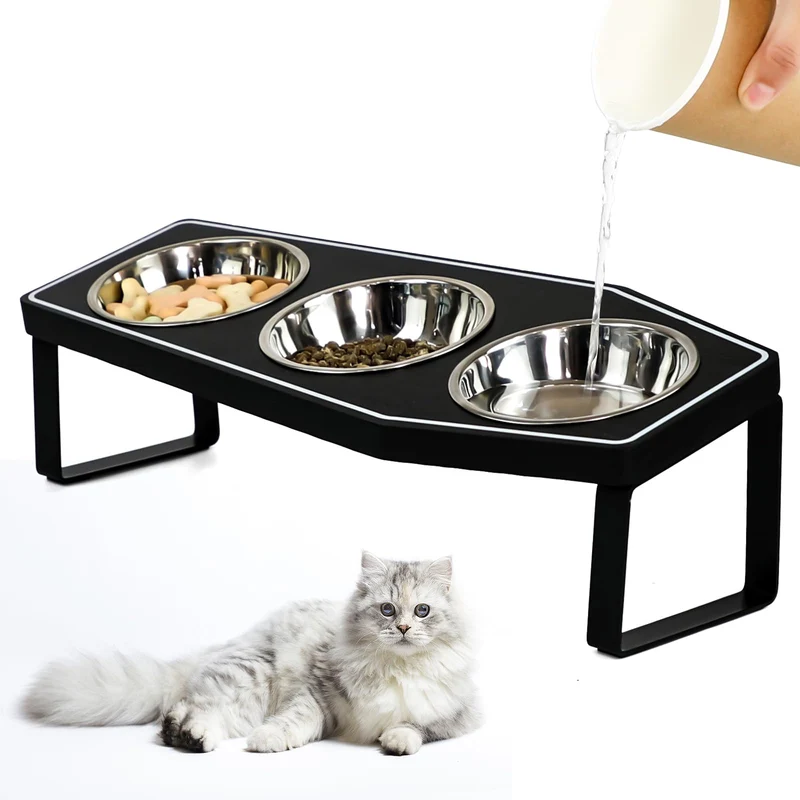 OPELETNNT – Gamelles pour chat gothiques surélevées (3 bols) en bois et acier inox, base antidérapante