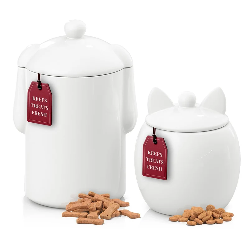 Barnyard Designs – Ensemble de 2 Bocaux Hermétiques en Céramique pour Friandises Chien et Chat (Blanc Rustique)