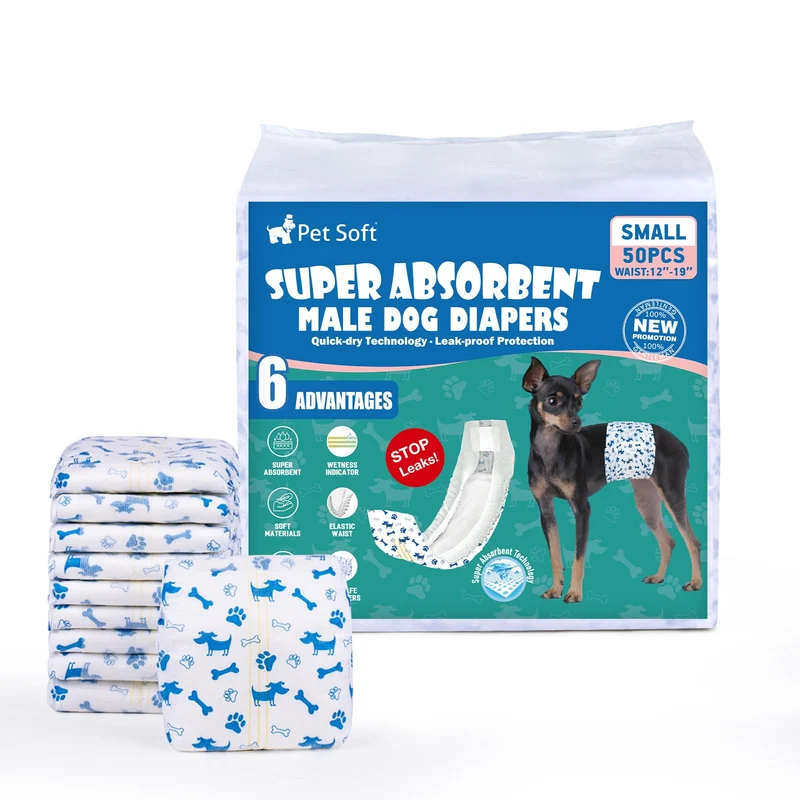 Pet Soft Couches pour Chien Mâle – Couches jetables avec Indicateur d'Humidité, 50 Pièces, Petite