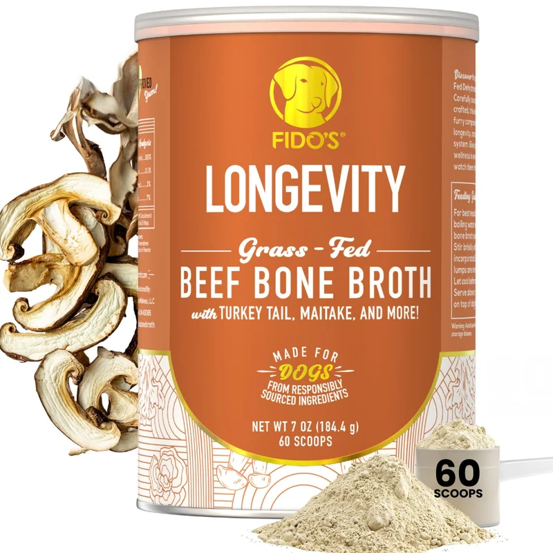 Fido's Longévité Bouillon d’Os pour Chiens – Bœuf élevé au pâturage et Champignons Maitake & Tramète versicolor