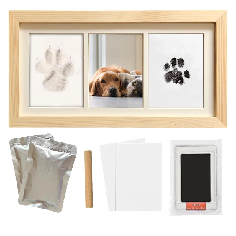 ZAPVLVT Kit Empreinte de Patte pour Chiens et Chats — Cadre en Bois, 2 Argiles, Grand Tampon d’Encre, Souvenir Animalier