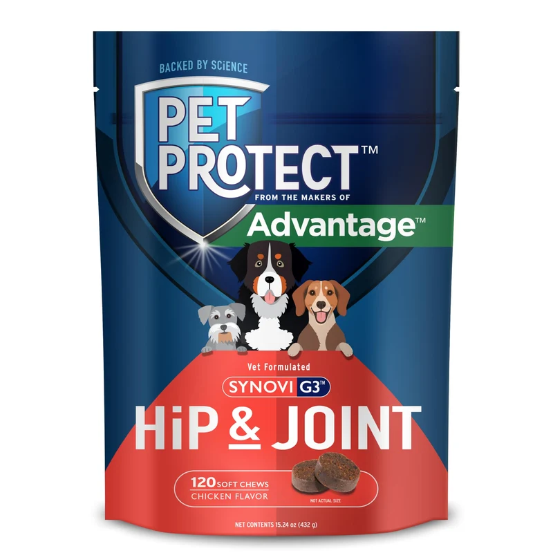 Pet Protect – Supplément pour les hanches et articulations du chien, Formule Synovi G3 vétérinaire, friandises au poulet (120 unités)