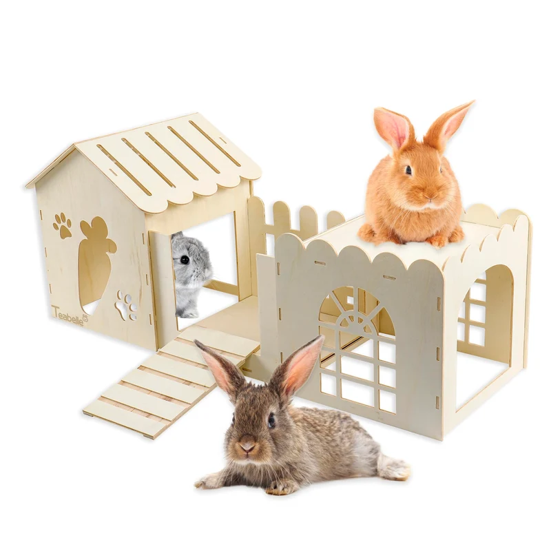 Teabelle - Grand Habitat en Bois pour Lapins et Petits Animaux, Château Multi-Chambres