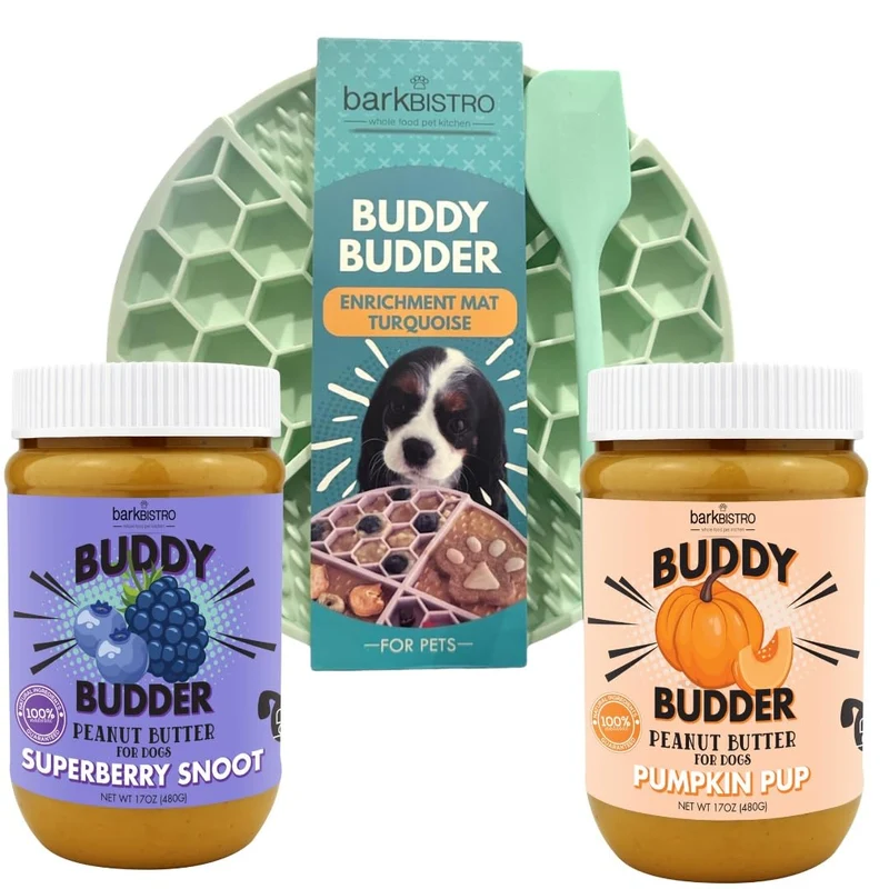 BUDDY BUDDER Superberry Snoot + Pumpkin Pup – Gâteries naturelles pour chien (Set de 2 pots 17 oz + Lickmat) – Fabriqué aux États‑Unis