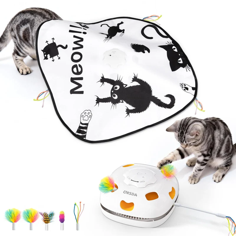 ORSDA Jouet Chat 4-en-1: Interactif, Cache-Mystère, Plume Rotative et Poursuite