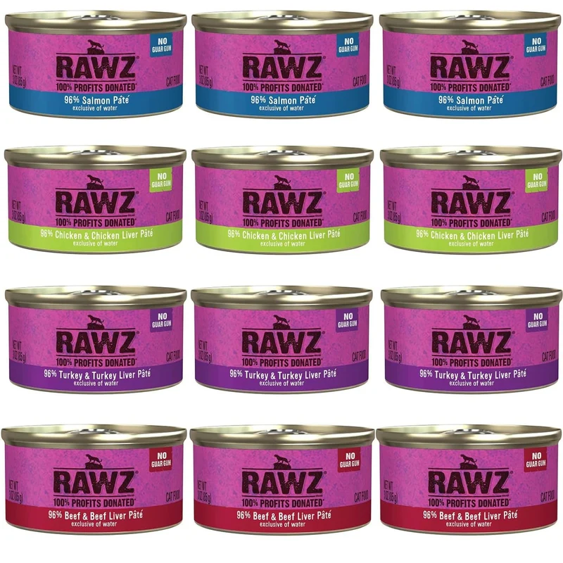 Rawz Pâté Chat Premium – Pack Variété 12 Boîtes (3oz) + Bol Pliable