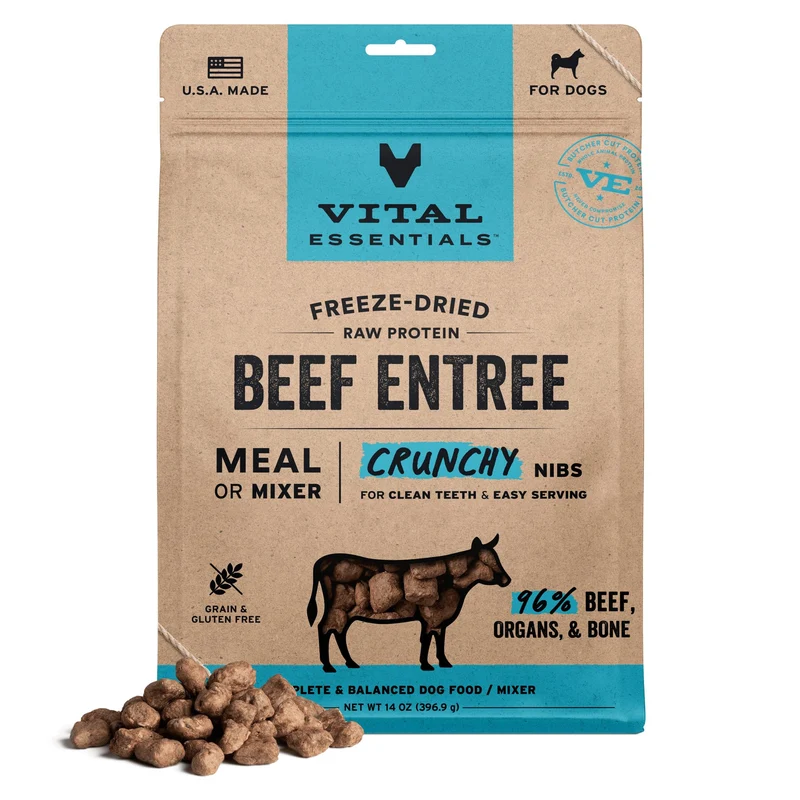 Vital Essentials Nibs Bœuf Cru Lyophilisé pour Chien – Repas Complet ou Complément | 96% Bœuf, Organes & Os | Sans Cereales | 14 oz