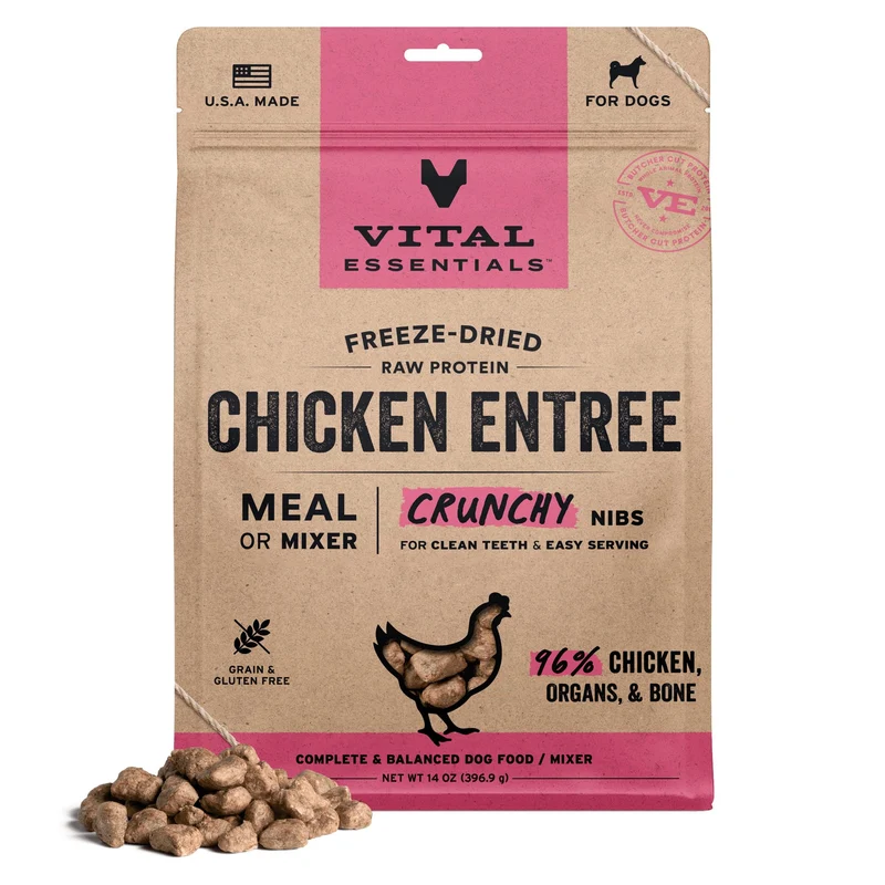 Vital Essentials : Nourriture pour chien lyophilisée au poulet — Morceaux croquants, repas complet ou garniture, sachet 400 g