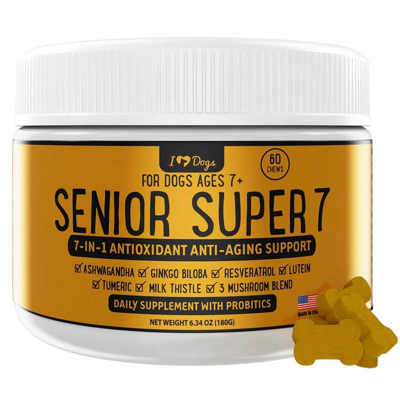 iHeartDogs Senior Super 7 – Multivitamine 7-en-1 pour chiens âgés | Cognition et longévité