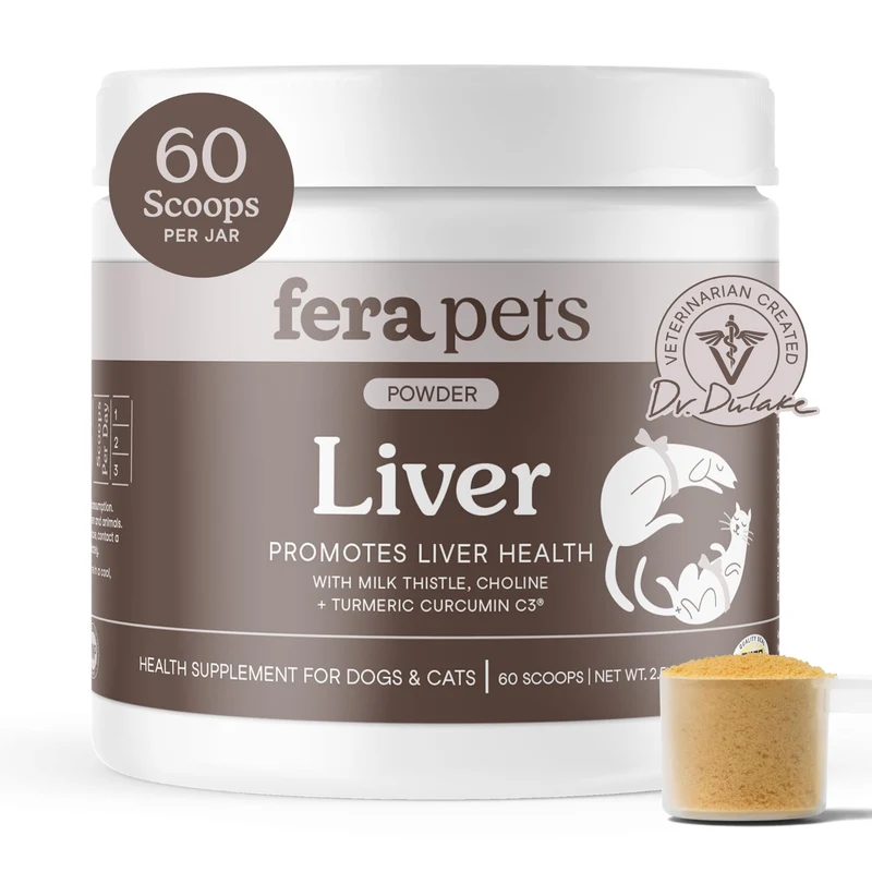 Fera Pets – Complément Hépatique en Poudre pour Chiens et Chats | Chardon-Marie, Choline et Curcuma – Botanicals Biologiques – Soutien du Foie et Détox – 60 Mesures