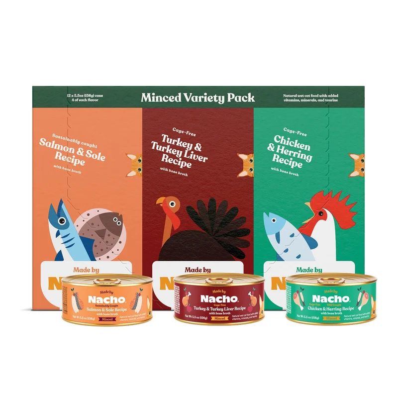 Made by Nacho – Pâtée humide hachée premium pour chat avec bouillon hydratant, pack variété 12x5,5 oz (Dinde & Foie, Poulet & Hareng, Saumon & Sole)