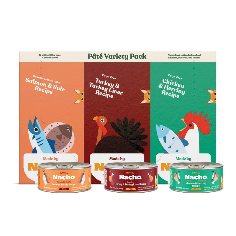 Made by Nacho Pâté Chat – Pack Variété Poulet, Saumon et Dinde, 5,5 oz, Sans Céréales, Bouillon d’Os, Lot de 12