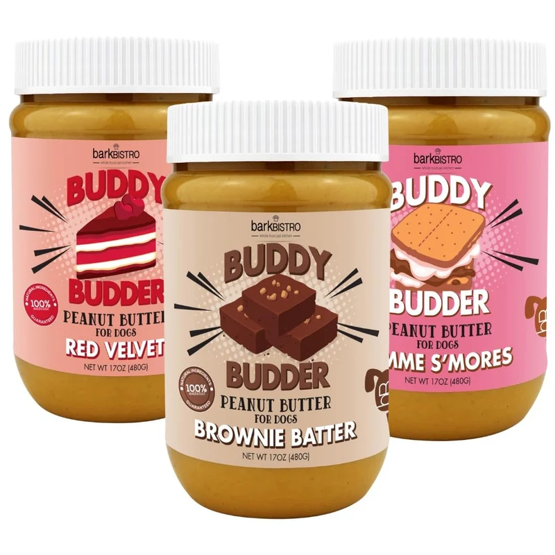 Buddy Budder — Red Velvet, Brownie Butter et Gimme S'Mores, pâte cacahuète naturelle pour chien, set de 3 pots 482 g, fabrique aux États‑Unis