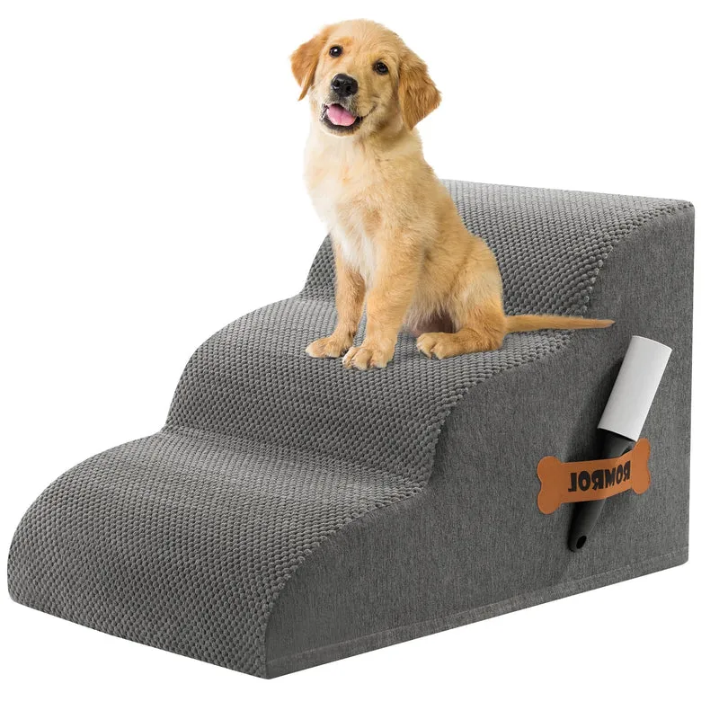 ROMROL Escaliers pour Chien Petit – 3 Marches, Mousse Haute Densité 33D, Tissu Coral Fleece Imperméable, Rouleau Anti-Poils Inclus